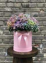 Цветочная композиция из Гипсофила и Розы в шляпной коробке в Плотниково
