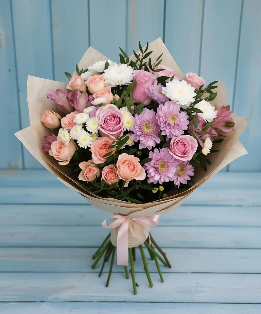 Букет цветов из: Хризантемы, Розы и Альстромерии в Плотниково