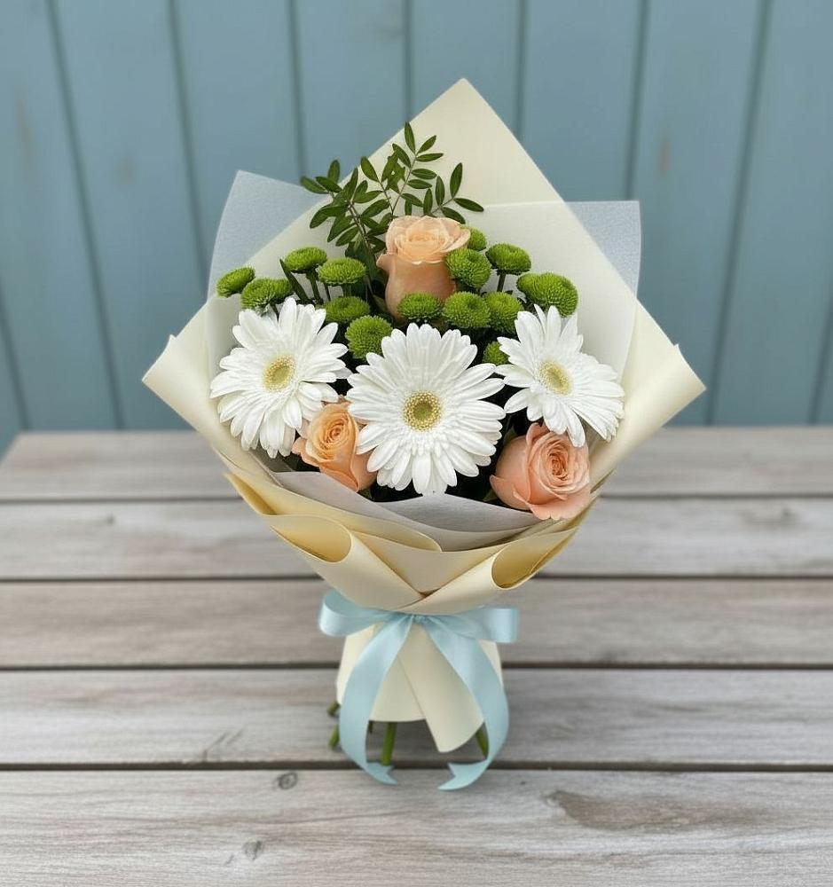 Букет цветов из: Герберы, Розы и Хризантемы в Плотниково