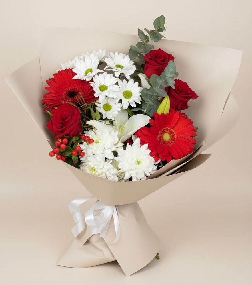 Букет цветов из: Розы, Хризантемы, Герберы и Лилии в Плотниково