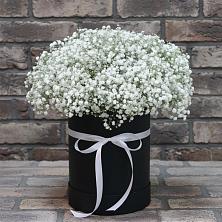 Цветочная композиция из Гипсофила в шляпной коробке в Плотниково