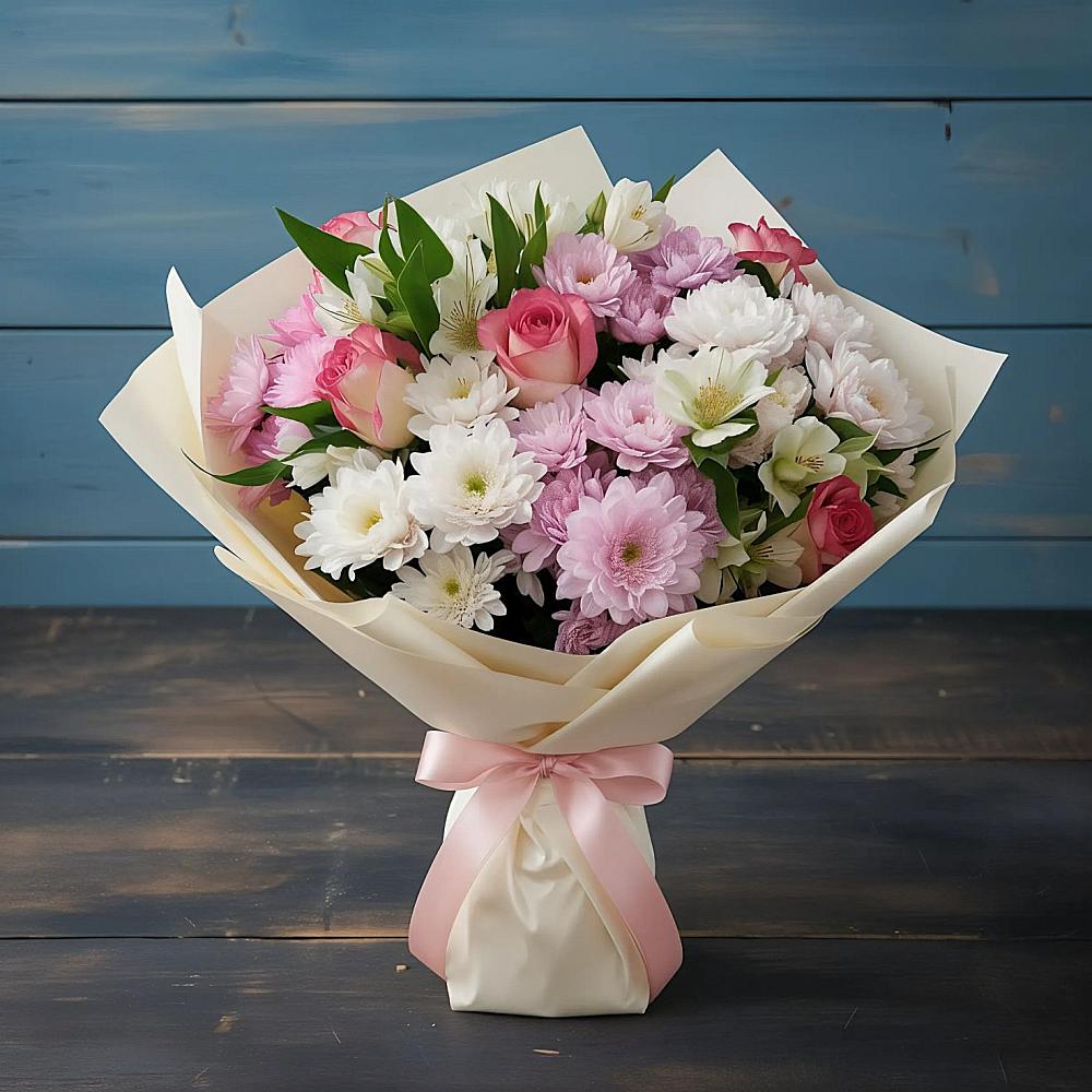 Букет цветов из: Хризантемы, Альстромерии и Розы в Плотниково